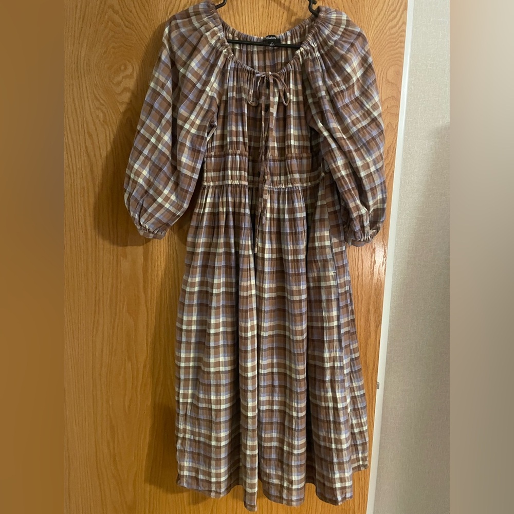 Madewell Plaid Midi Dress in Brown and Cream